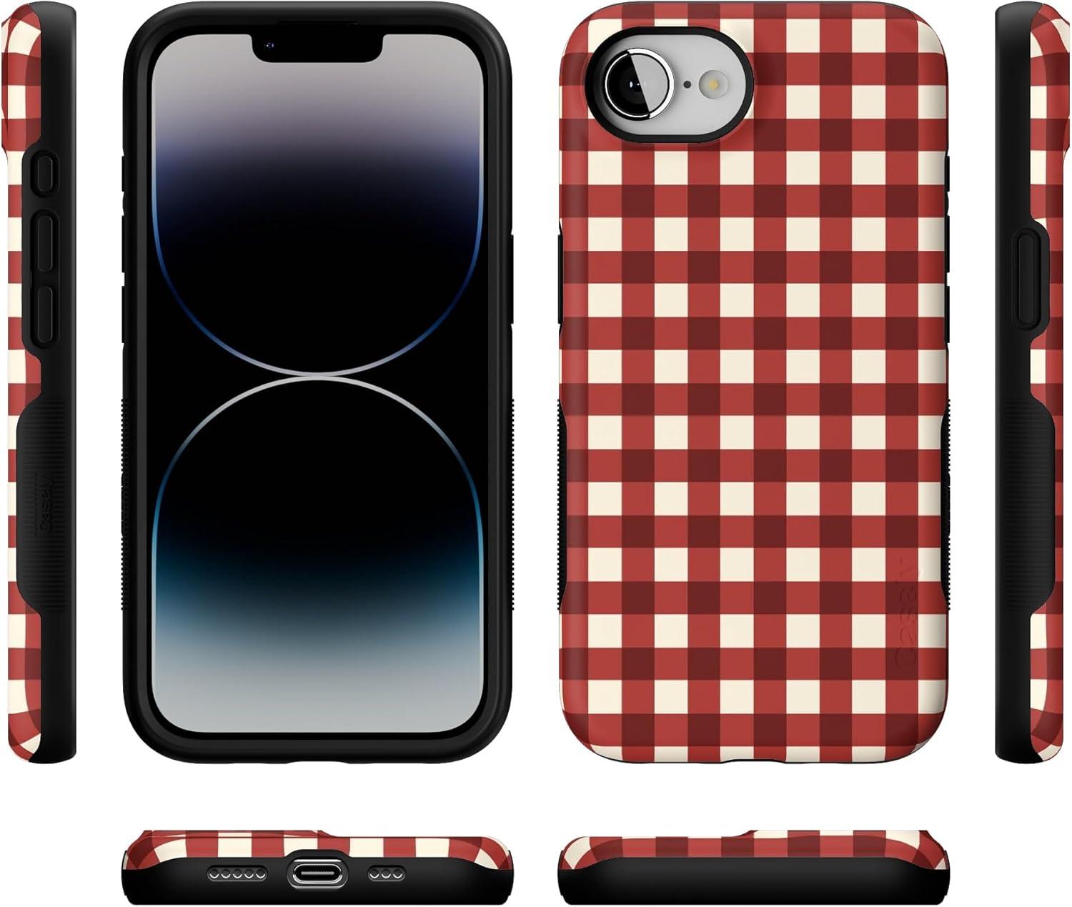 imageCasely iPhone 16e Case The Boyfriend Collection Army Green Bold Protective Design MagSafe Compatible DesignChecked Twice Red Plaid