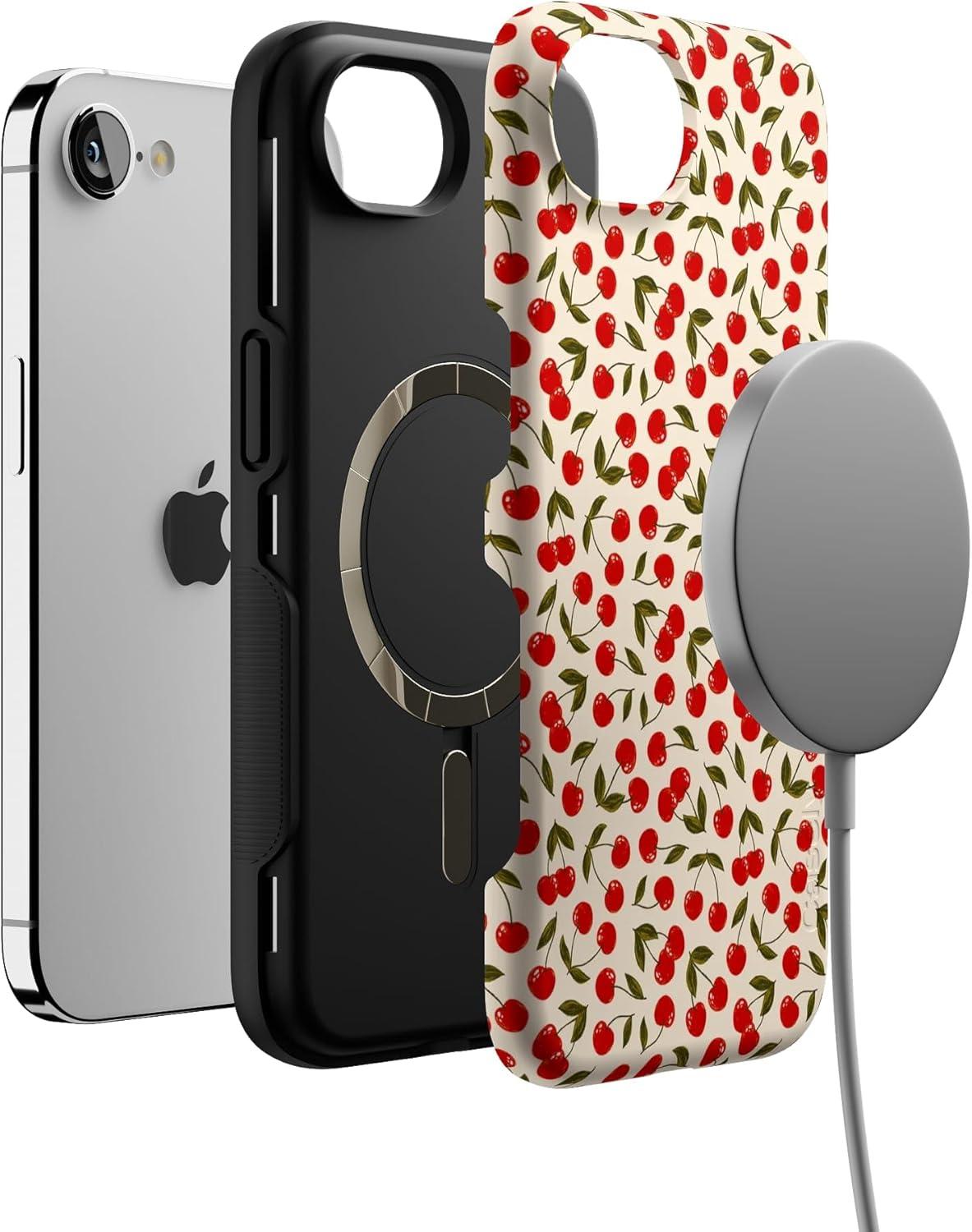 imageCasely iPhone 16e Case The Boyfriend Collection Army Green Bold Protective Design MagSafe Compatible DesignCherry on Top Red Cherries