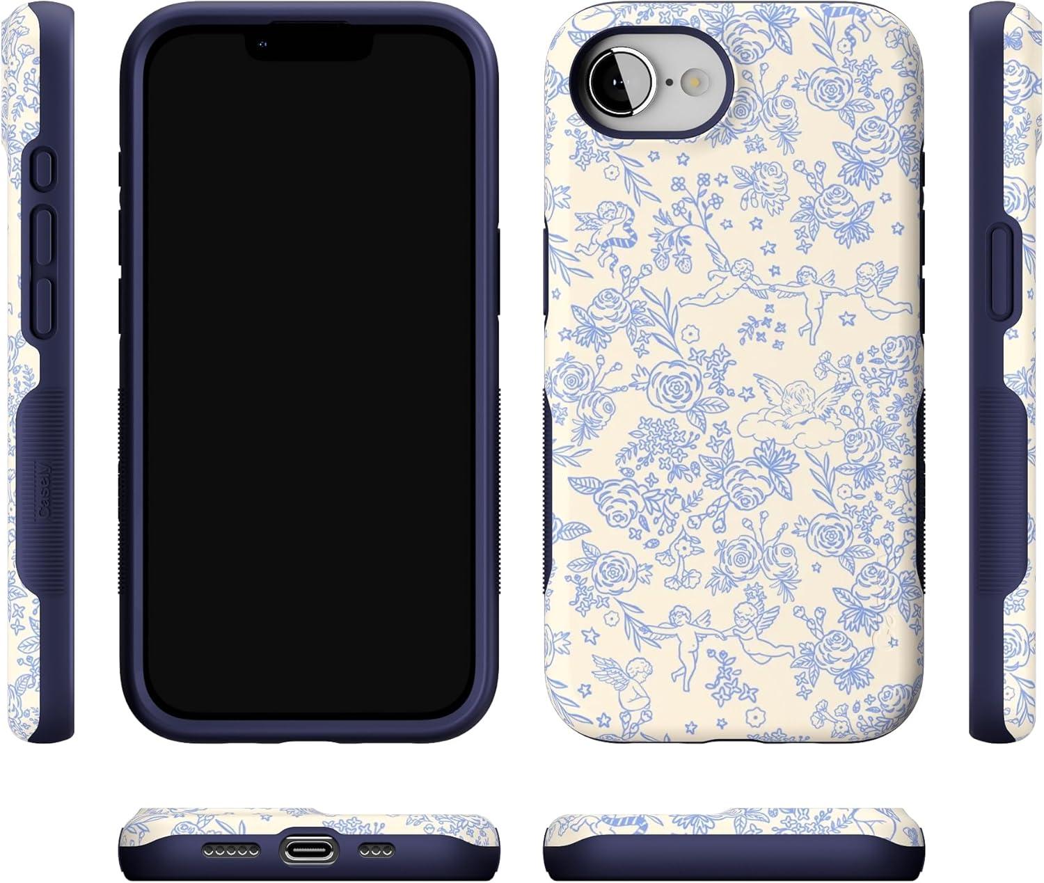imageCasely iPhone 16e Case The Boyfriend Collection Army Green Bold Protective Design MagSafe Compatible DesignCupids Canvas Periwinkle Floral