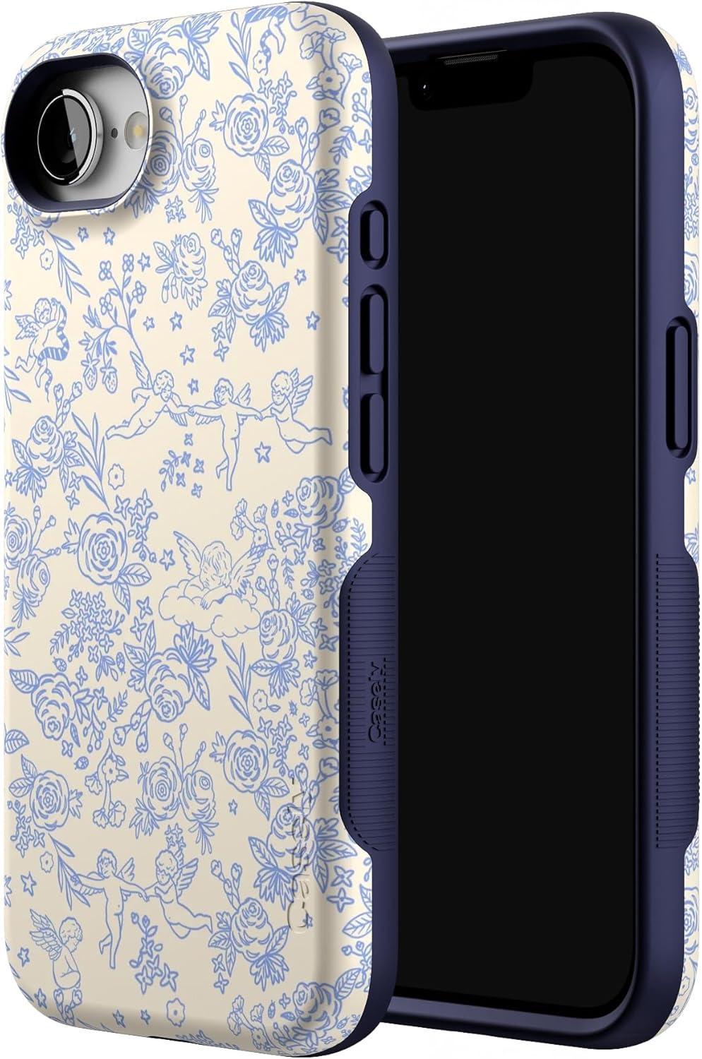 imageCasely iPhone 16e Case The Boyfriend Collection Army Green Bold Protective Design MagSafe Compatible DesignCupids Canvas Periwinkle Floral