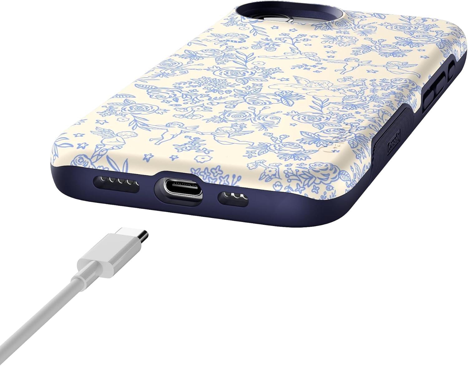 imageCasely iPhone 16e Case The Boyfriend Collection Army Green Bold Protective Design MagSafe Compatible DesignCupids Canvas Periwinkle Floral