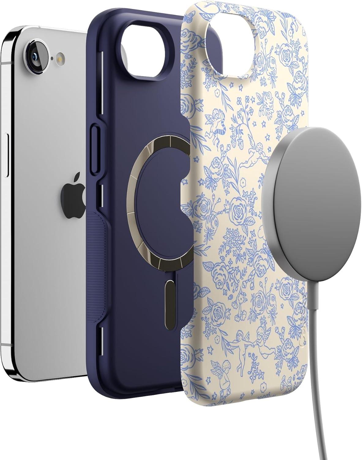 imageCasely iPhone 16e Case The Boyfriend Collection Army Green Bold Protective Design MagSafe Compatible DesignCupids Canvas Periwinkle Floral