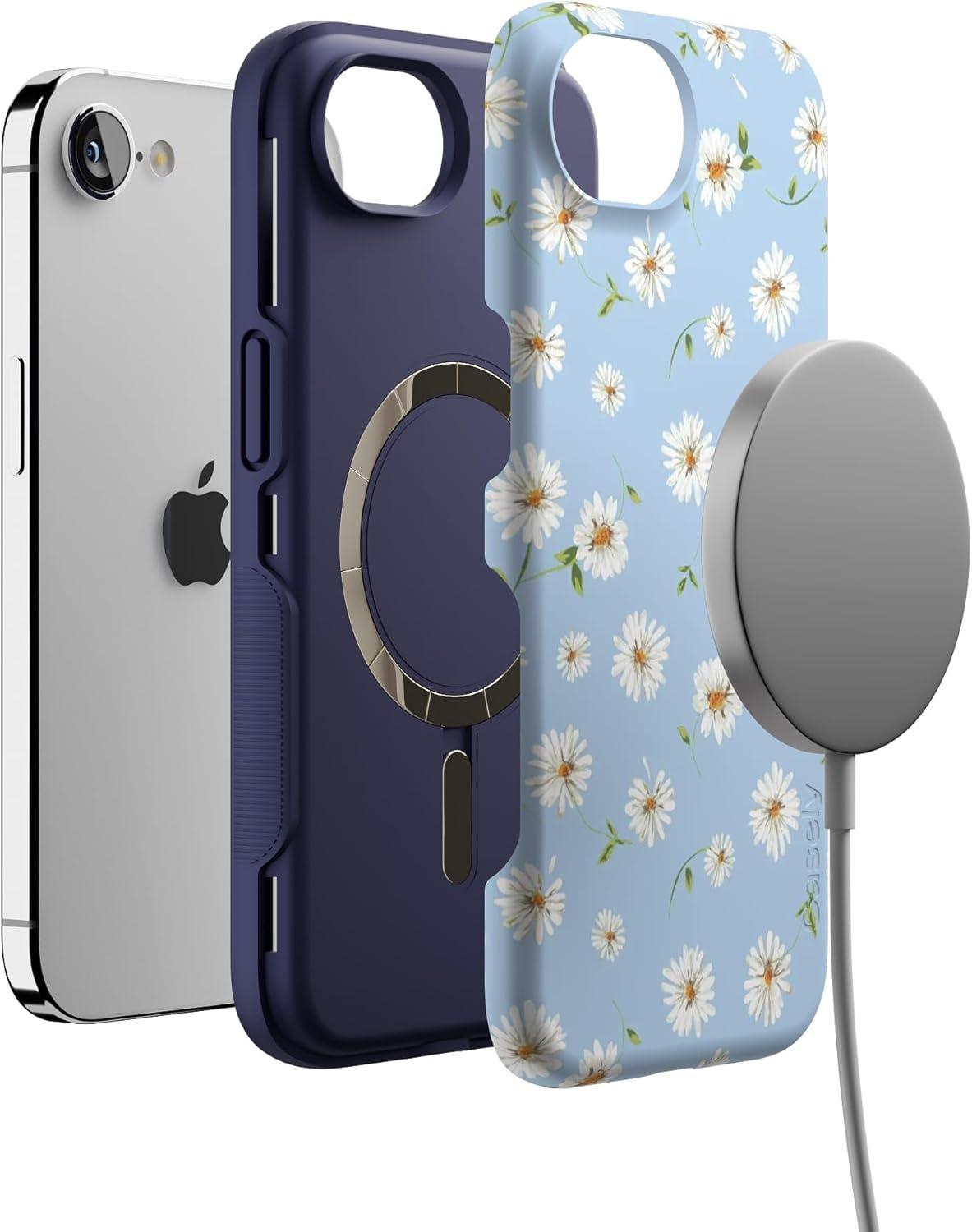imageCasely iPhone 16e Case The Boyfriend Collection Army Green Bold Protective Design MagSafe Compatible DesignDaisy Daydream Baby Blue Floral