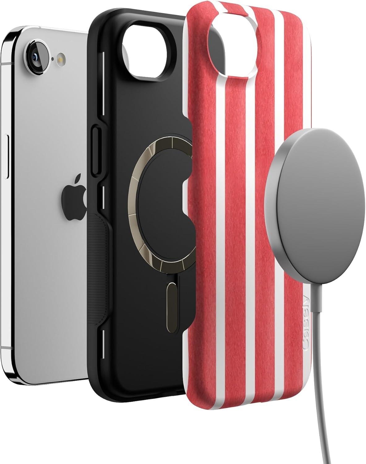 imageCasely iPhone 16e Case The Boyfriend Collection Army Green Bold Protective Design MagSafe Compatible DesignEast Coast Summer Red Stripes