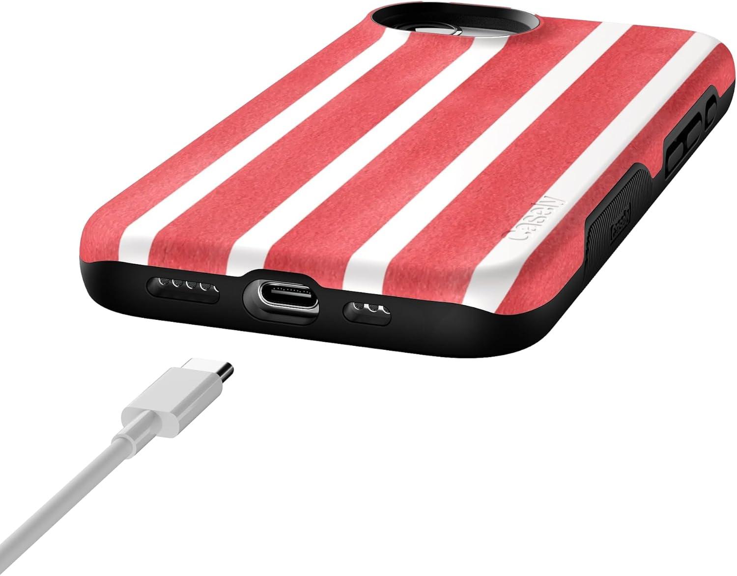 imageCasely iPhone 16e Case The Boyfriend Collection Army Green Bold Protective Design MagSafe Compatible DesignEast Coast Summer Red Stripes