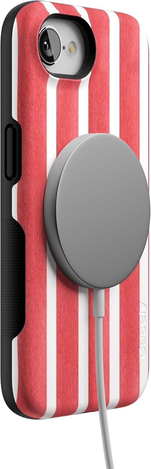 imageCasely iPhone 16e Case The Boyfriend Collection Army Green Bold Protective Design MagSafe Compatible DesignEast Coast Summer Red Stripes