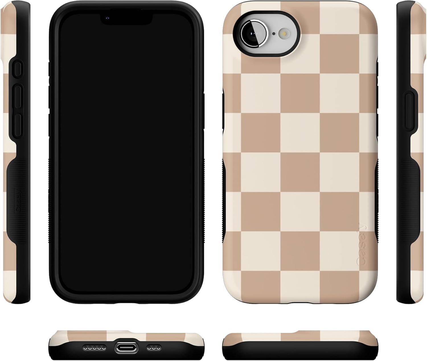 imageCasely iPhone 16e Case The Boyfriend Collection Army Green Bold Protective Design MagSafe Compatible DesignFit Check Neutral Checkerboard