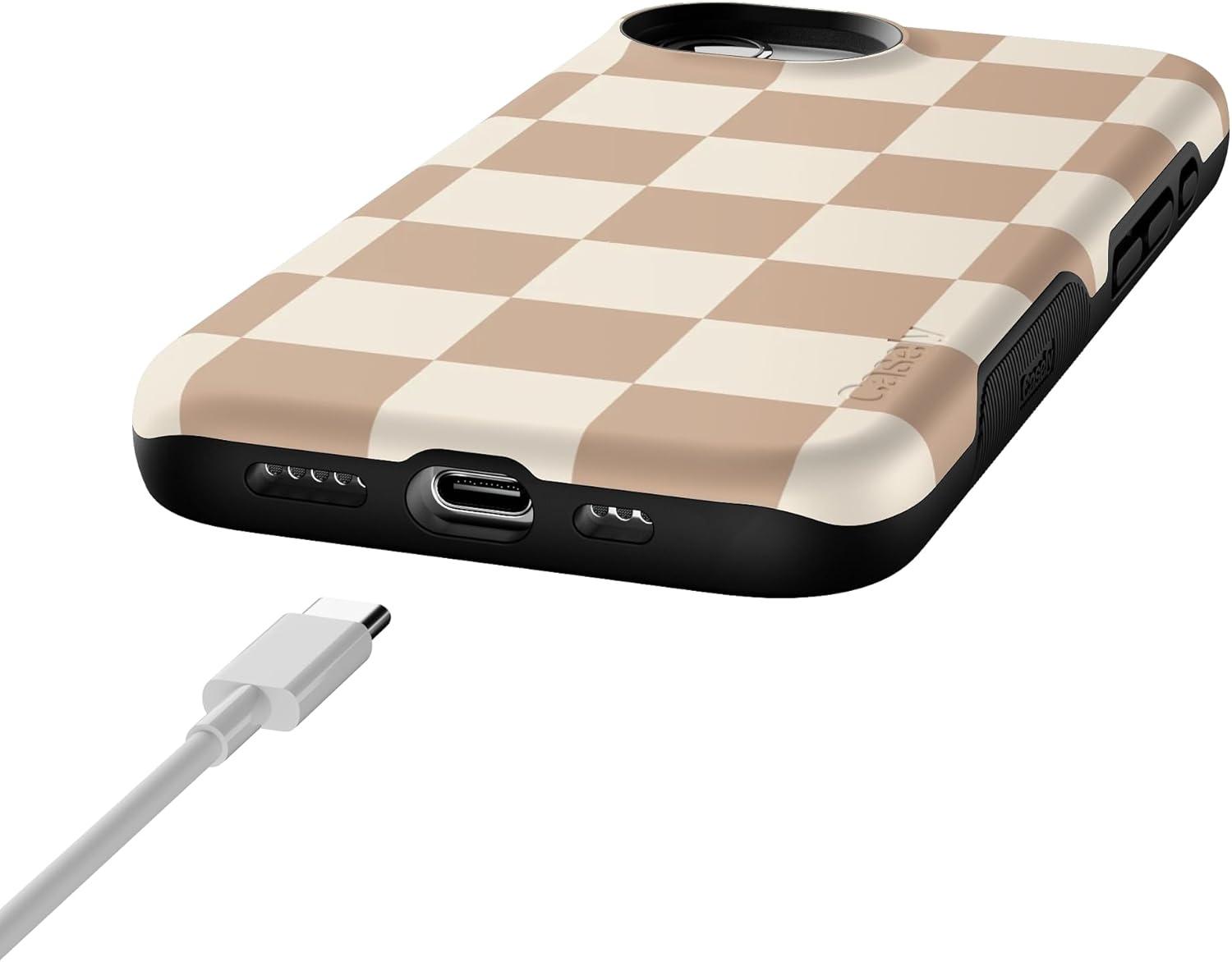 imageCasely iPhone 16e Case The Boyfriend Collection Army Green Bold Protective Design MagSafe Compatible DesignFit Check Neutral Checkerboard