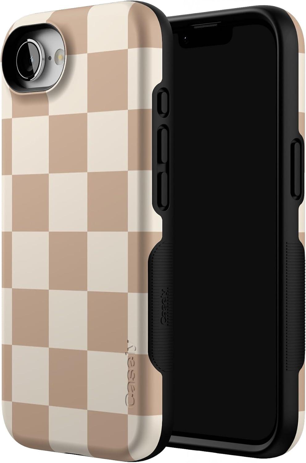 imageCasely iPhone 16e Case The Boyfriend Collection Army Green Bold Protective Design MagSafe Compatible DesignFit Check Neutral Checkerboard