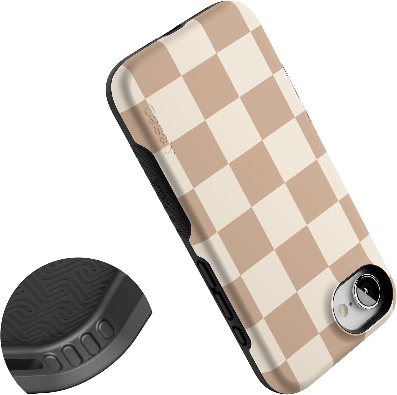 imageCasely iPhone 16e Case The Boyfriend Collection Army Green Bold Protective Design MagSafe Compatible DesignFit Check Neutral Checkerboard