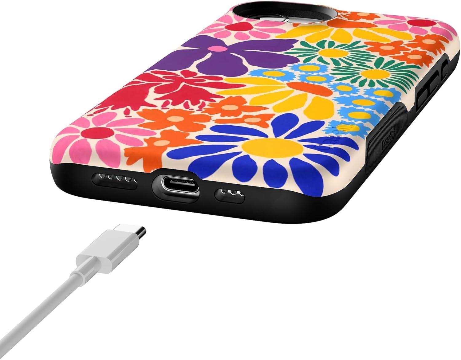 imageCasely iPhone 16e Case The Boyfriend Collection Army Green Bold Protective Design MagSafe Compatible DesignFlower Patch MultiColor Floral