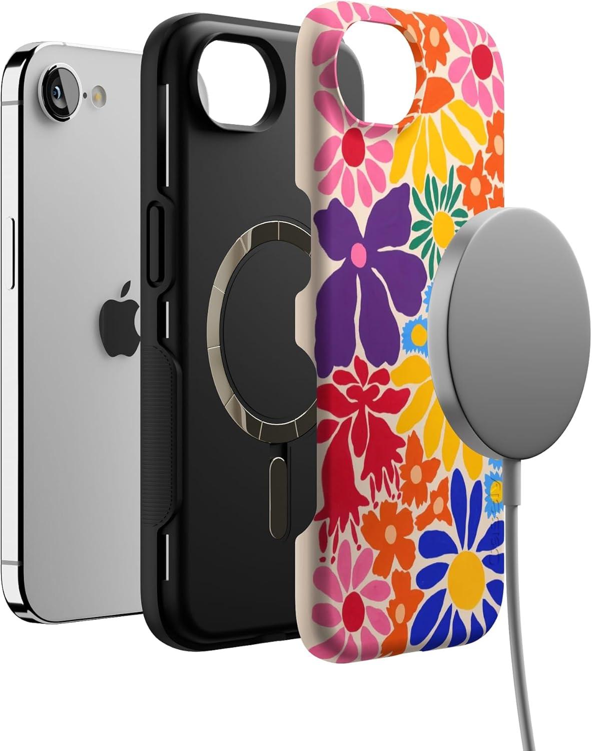imageCasely iPhone 16e Case The Boyfriend Collection Army Green Bold Protective Design MagSafe Compatible DesignFlower Patch MultiColor Floral