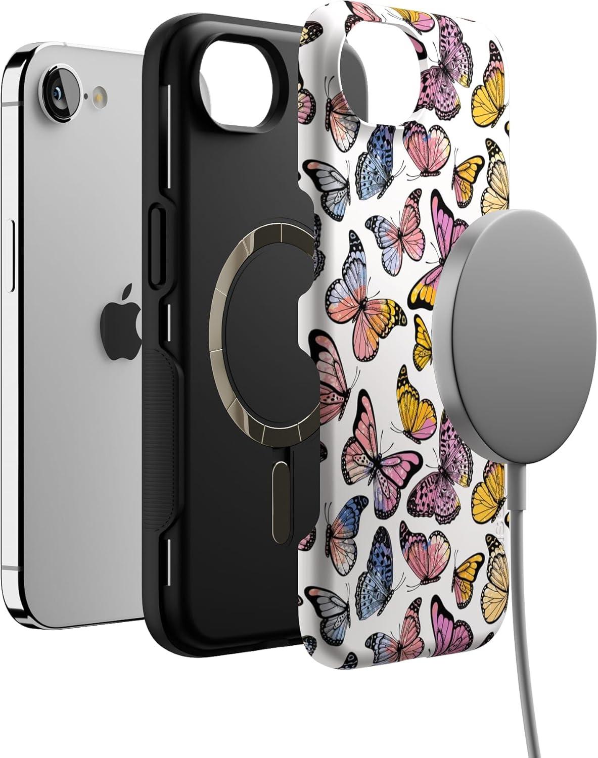 imageCasely iPhone 16e Case The Boyfriend Collection Army Green Bold Protective Design MagSafe Compatible DesignFree Spirit Rainbow Butterfly