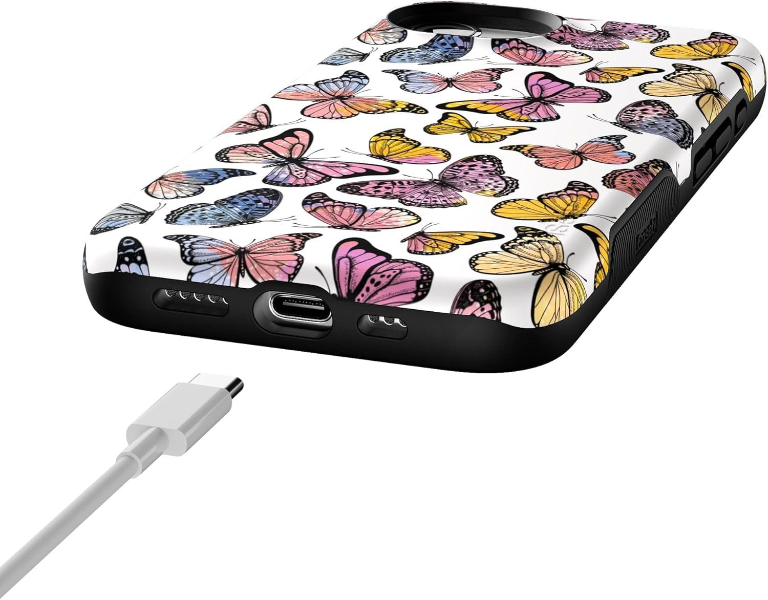 imageCasely iPhone 16e Case The Boyfriend Collection Army Green Bold Protective Design MagSafe Compatible DesignFree Spirit Rainbow Butterfly
