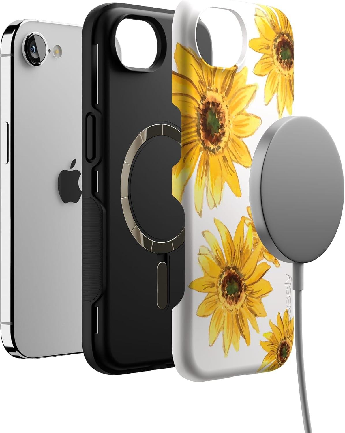 imageCasely iPhone 16e Case The Boyfriend Collection Army Green Bold Protective Design MagSafe Compatible DesignGolden Garden Yellow Sunflower Floral