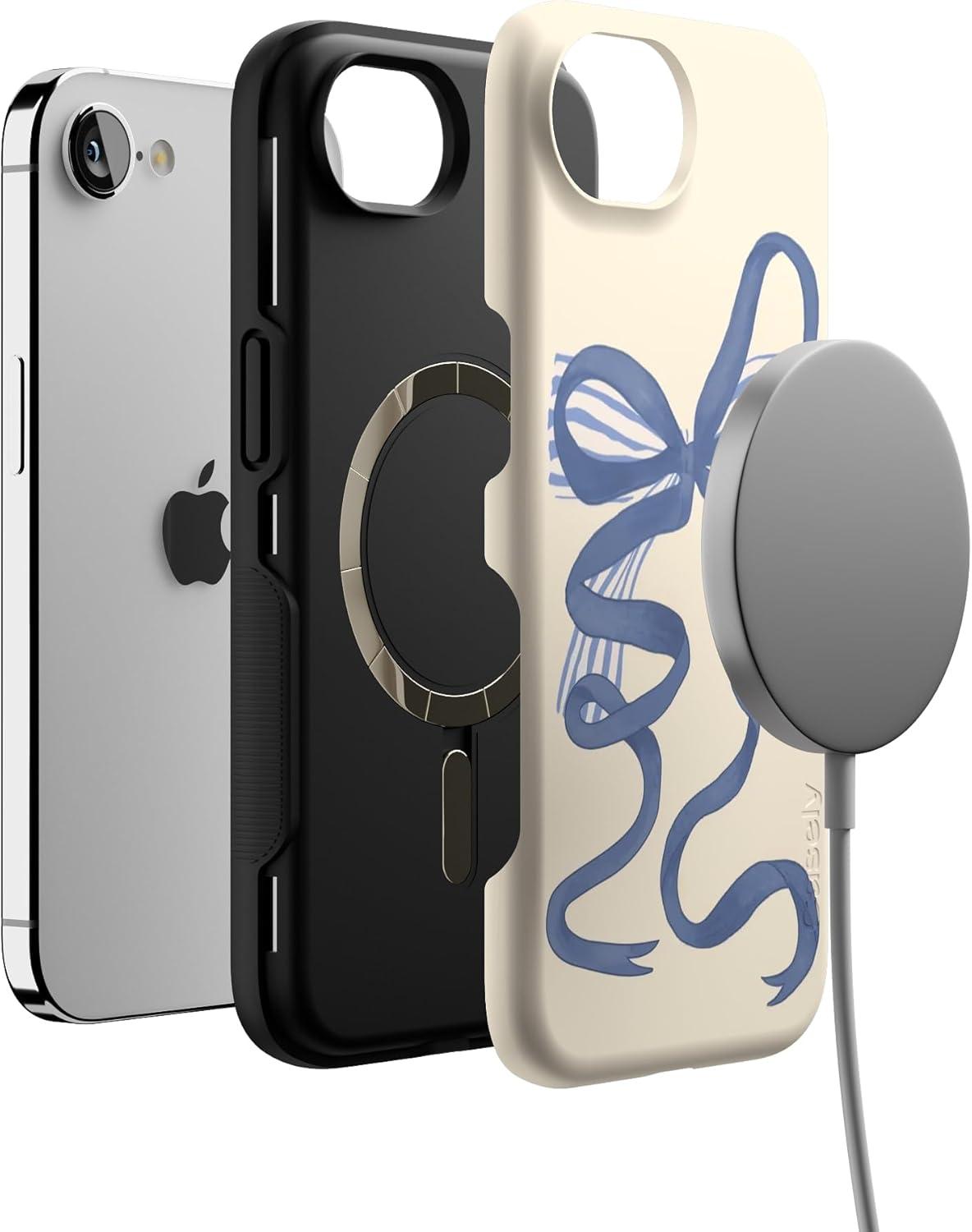 imageCasely iPhone 16e Case The Boyfriend Collection Army Green Bold Protective Design MagSafe Compatible DesignHeartstrings Blue Bow