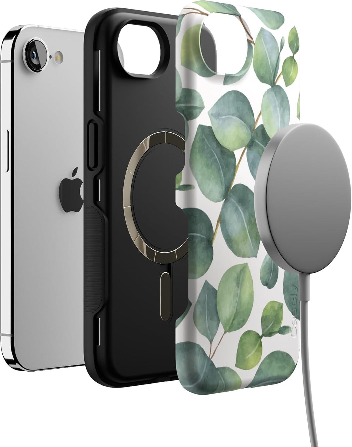 imageCasely iPhone 16e Case The Boyfriend Collection Army Green Bold Protective Design MagSafe Compatible DesignLeaf Me Alone Green Floral Print
