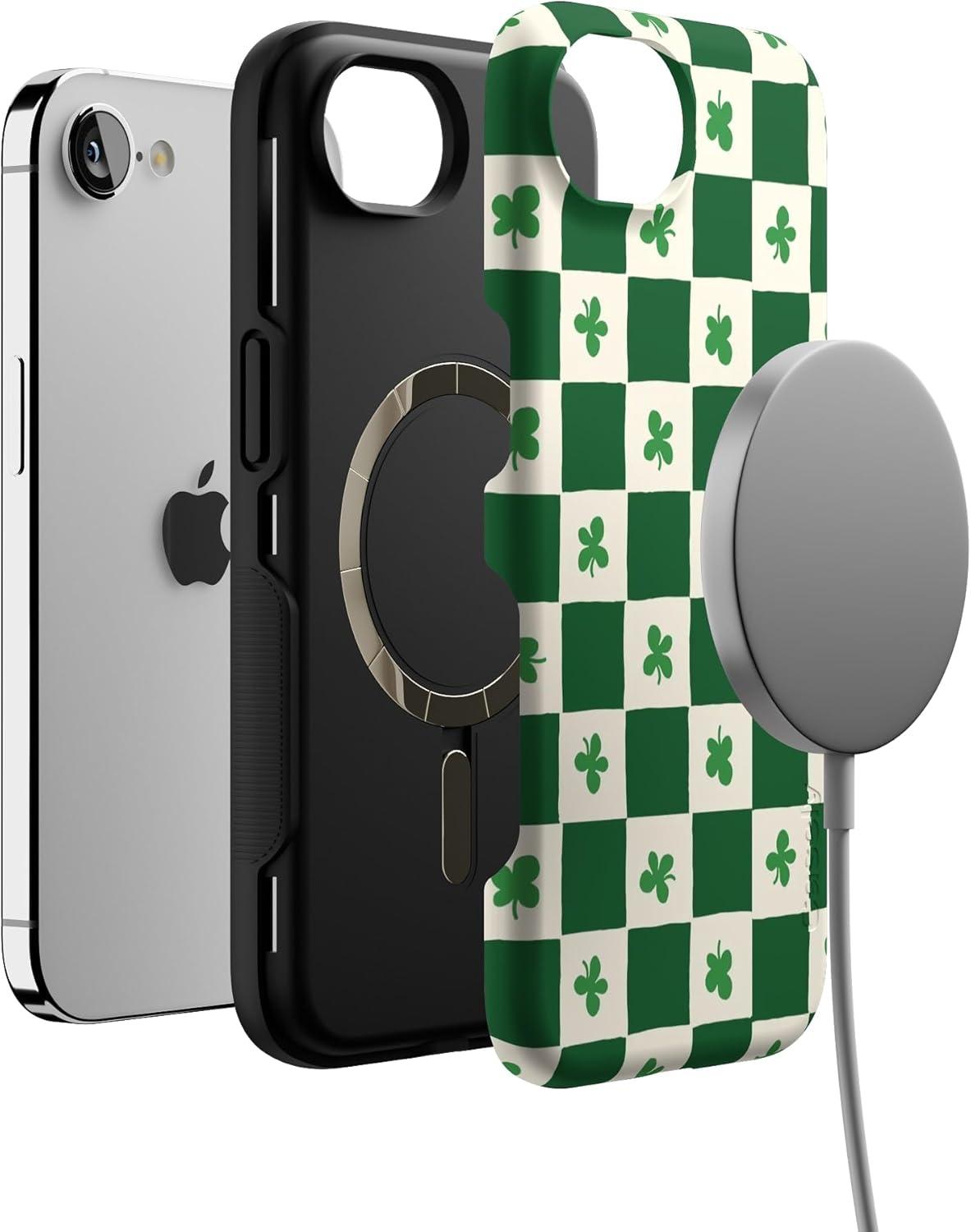 imageCasely iPhone 16e Case The Boyfriend Collection Army Green Bold Protective Design MagSafe Compatible DesignLucky You Shamrock