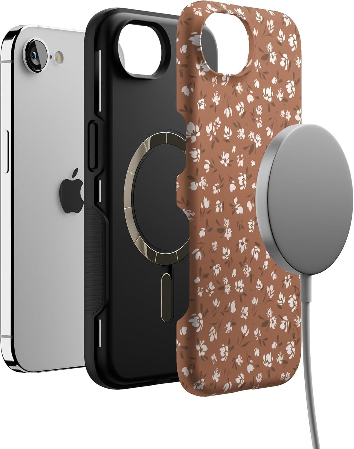 imageCasely iPhone 16e Case The Boyfriend Collection Army Green Bold Protective Design MagSafe Compatible DesignMocha Meadow Tiny Flowers