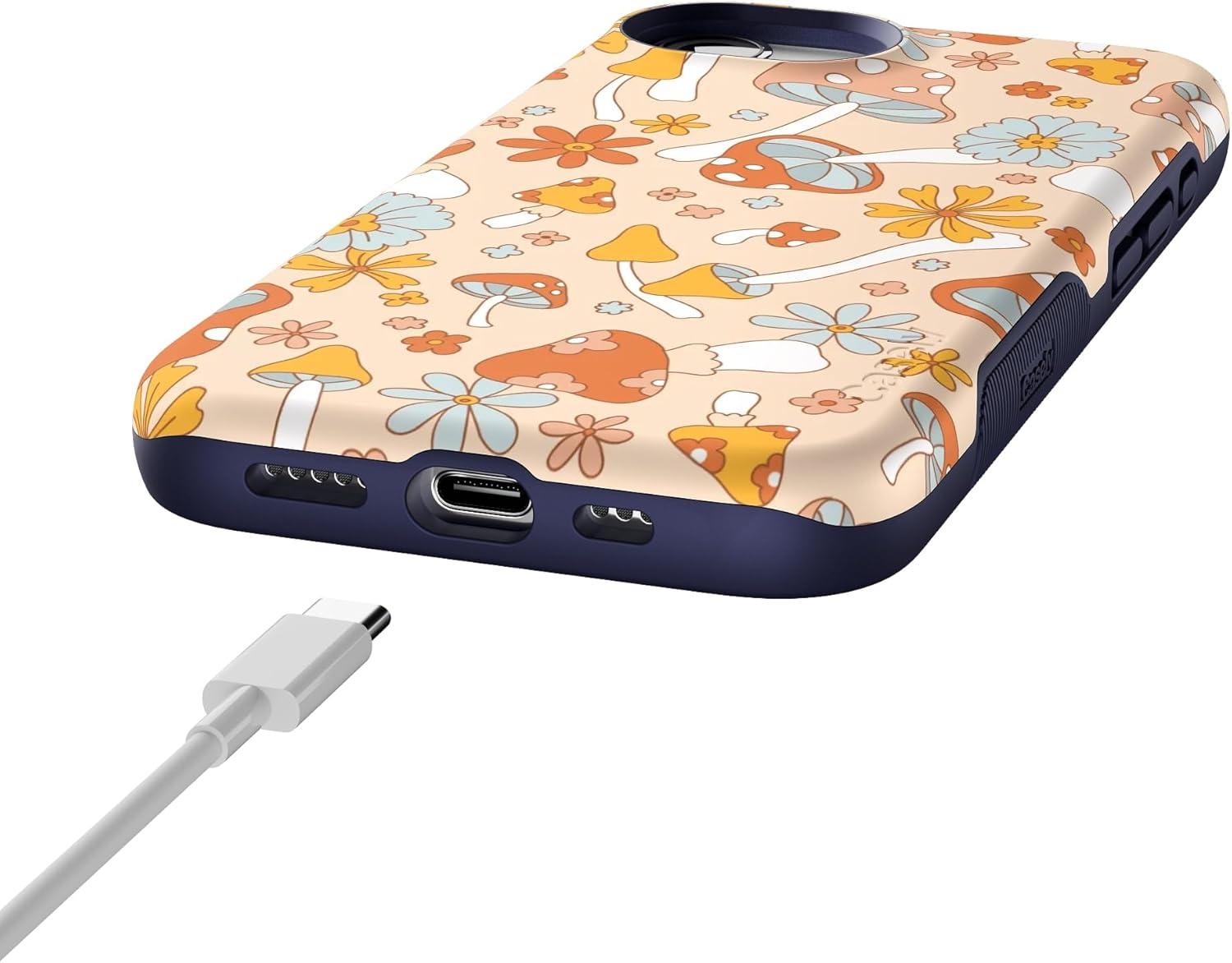 imageCasely iPhone 16e Case The Boyfriend Collection Army Green Bold Protective Design MagSafe Compatible DesignMushroom Magic Retro Floral