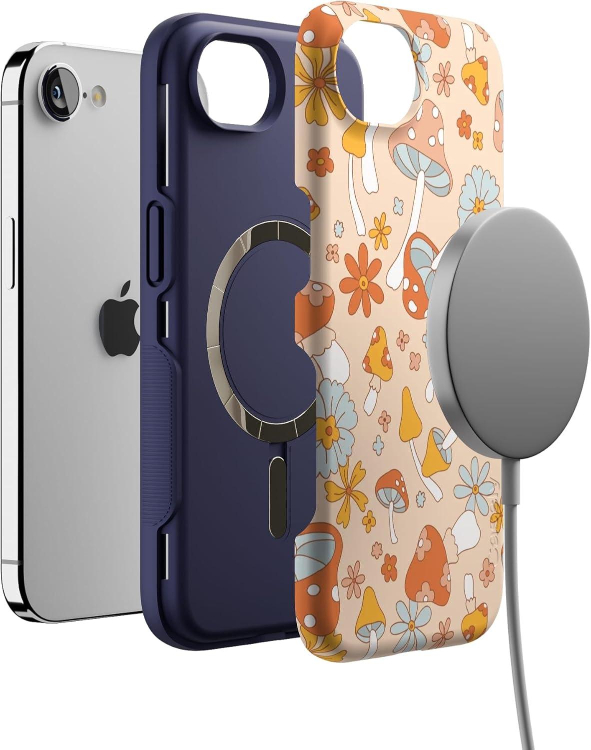 imageCasely iPhone 16e Case The Boyfriend Collection Army Green Bold Protective Design MagSafe Compatible DesignMushroom Magic Retro Floral