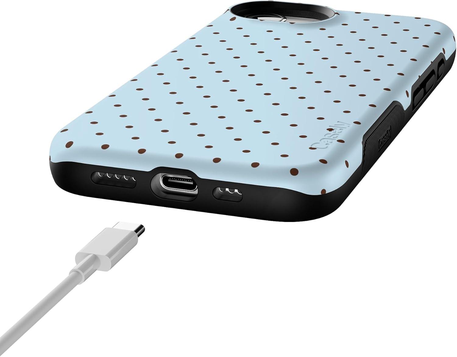imageCasely iPhone 16e Case The Boyfriend Collection Army Green Bold Protective Design MagSafe Compatible DesignOn the Dot Blue Brown Polka Dot