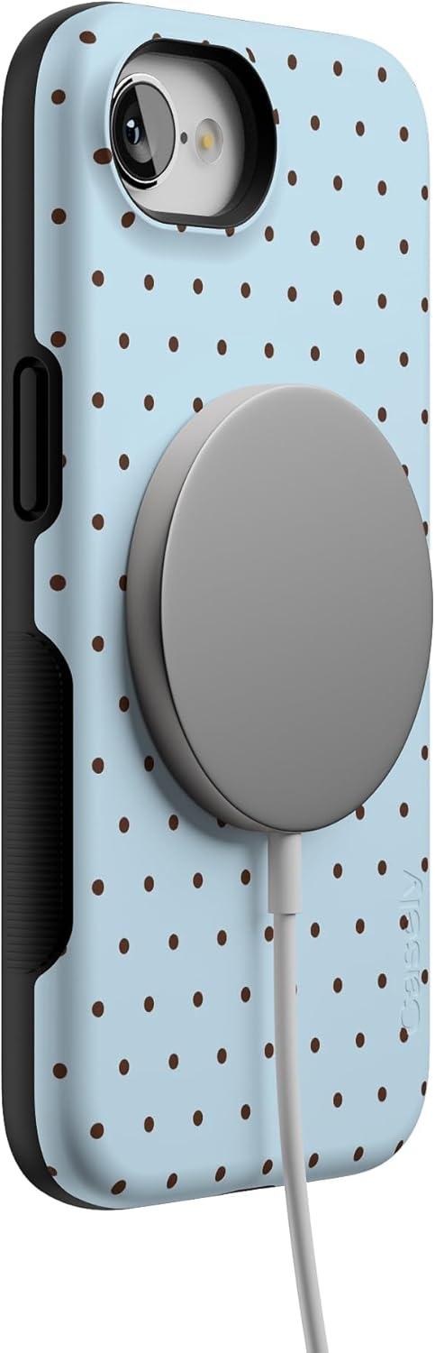 imageCasely iPhone 16e Case The Boyfriend Collection Army Green Bold Protective Design MagSafe Compatible DesignOn the Dot Blue Brown Polka Dot