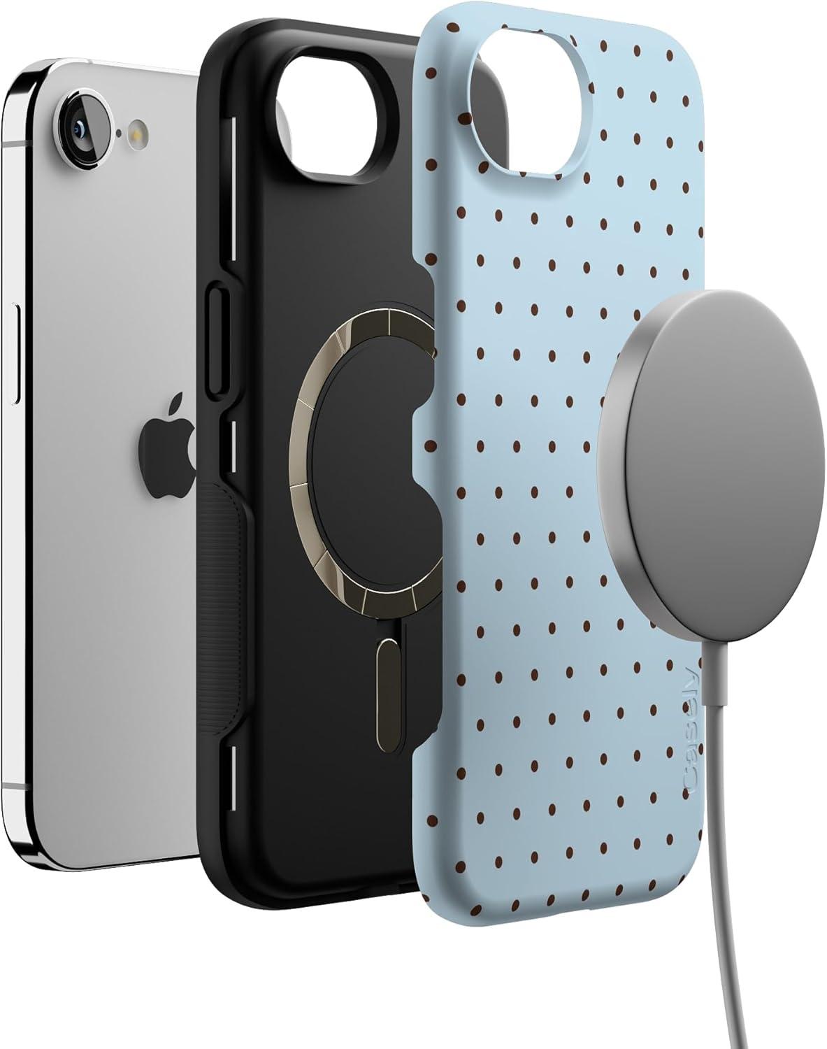 imageCasely iPhone 16e Case The Boyfriend Collection Army Green Bold Protective Design MagSafe Compatible DesignOn the Dot Blue Brown Polka Dot