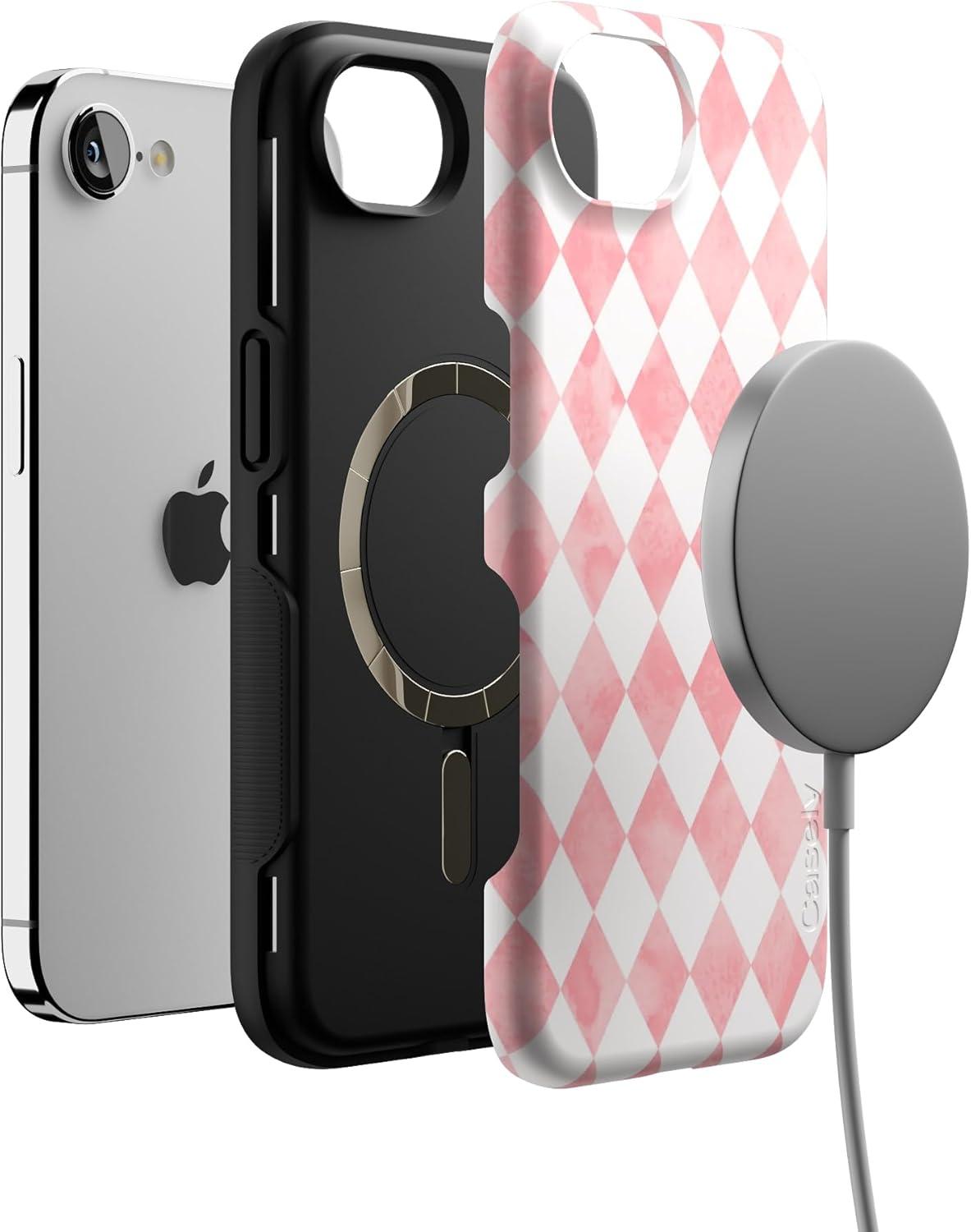 imageCasely iPhone 16e Case The Boyfriend Collection Army Green Bold Protective Design MagSafe Compatible DesignQueen of Diamonds Pink Watercolor