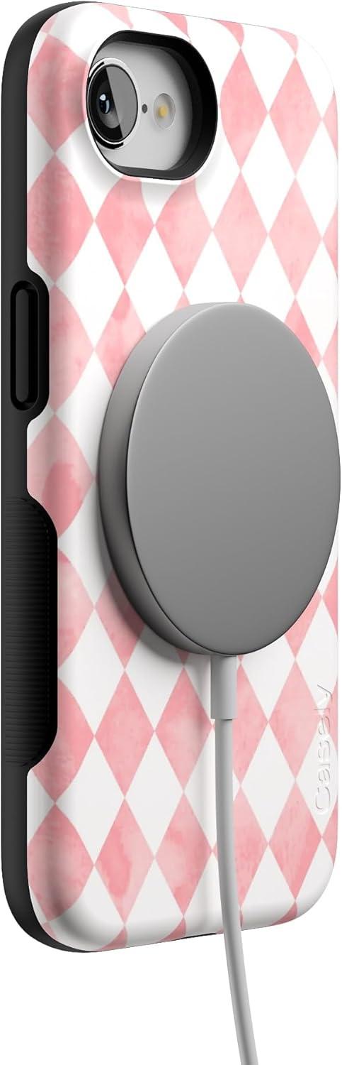 imageCasely iPhone 16e Case The Boyfriend Collection Army Green Bold Protective Design MagSafe Compatible DesignQueen of Diamonds Pink Watercolor