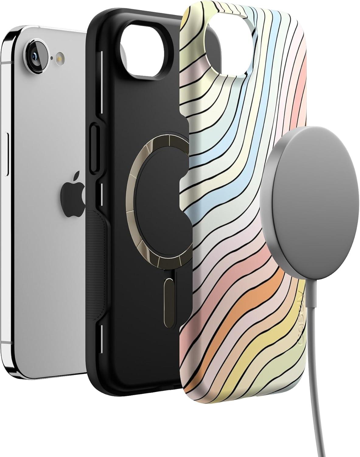 imageCasely iPhone 16e Case The Boyfriend Collection Army Green Bold Protective Design MagSafe Compatible DesignRide The Wave Pastel Rainbow Lined