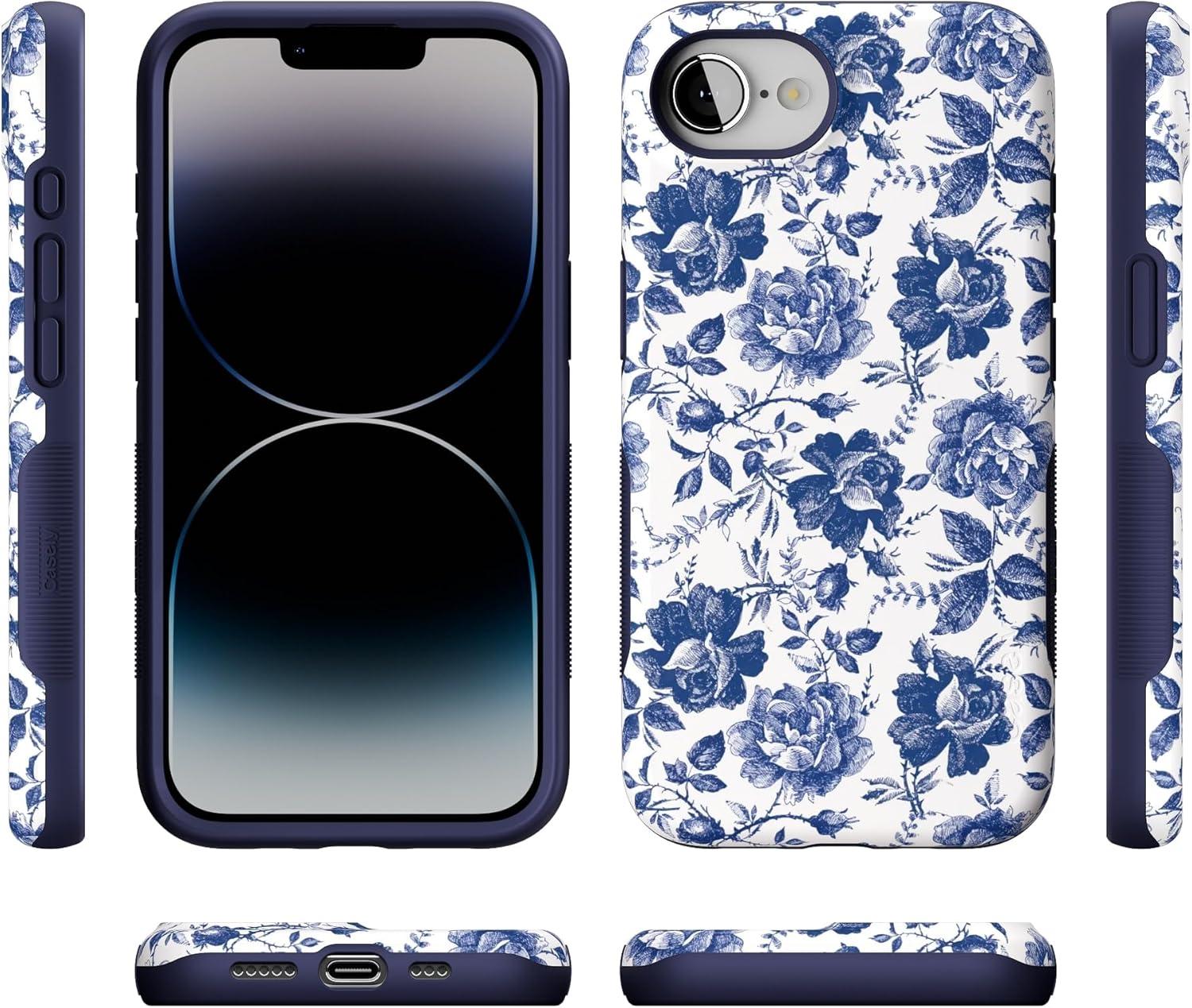 imageCasely iPhone 16e Case The Boyfriend Collection Army Green Bold Protective Design MagSafe Compatible DesignRose to Fame Blue White Rose Floral