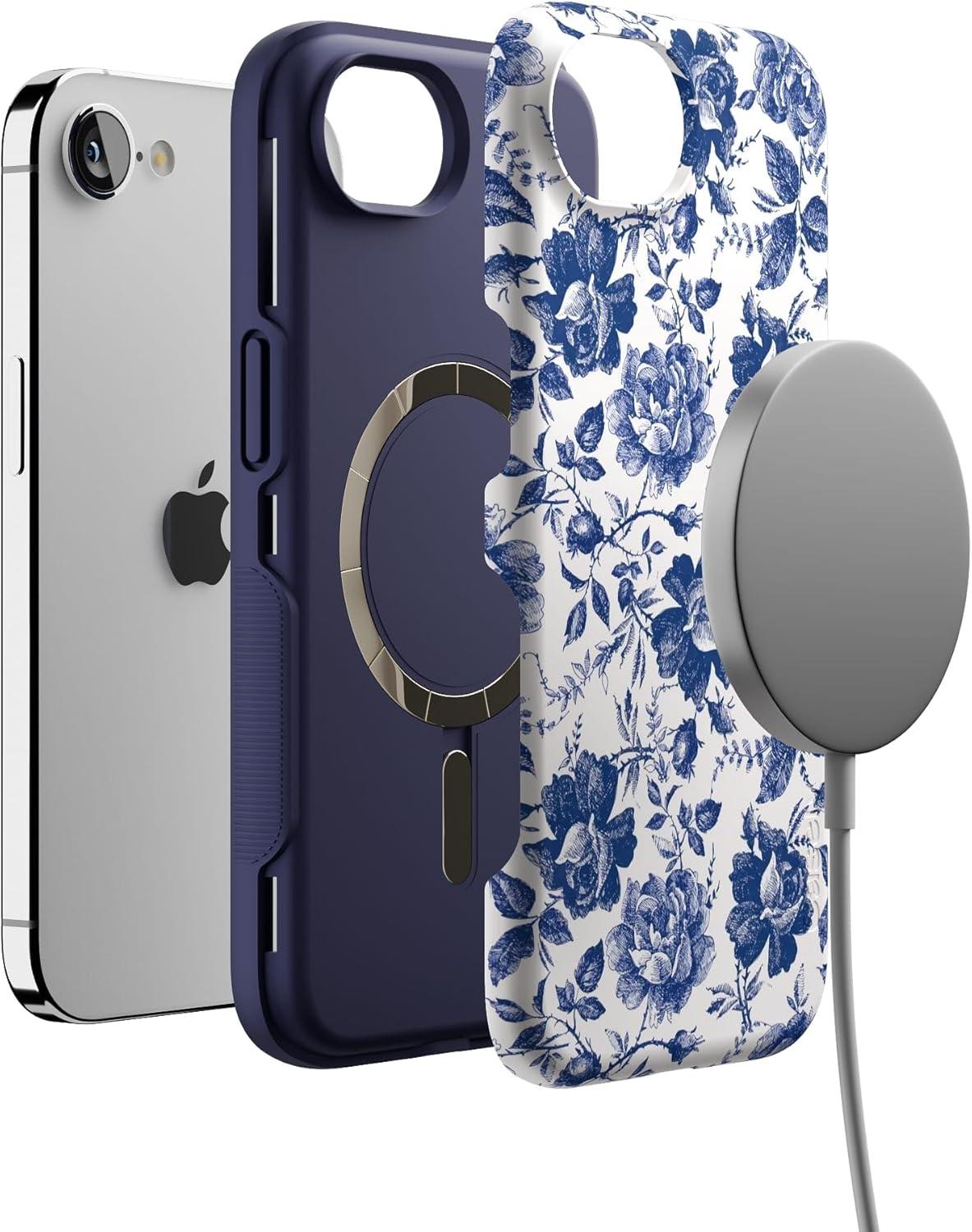 imageCasely iPhone 16e Case The Boyfriend Collection Army Green Bold Protective Design MagSafe Compatible DesignRose to Fame Blue White Rose Floral
