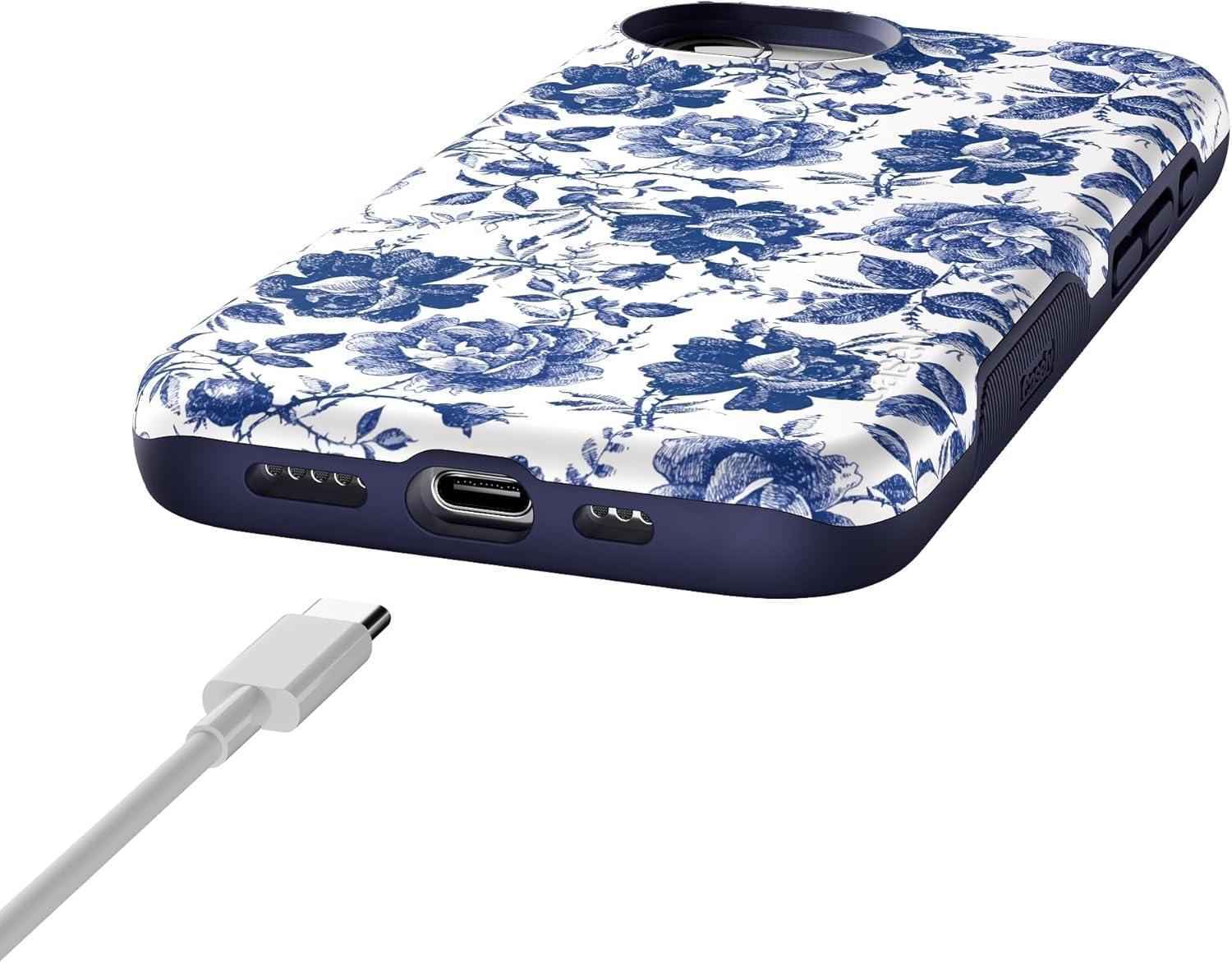 imageCasely iPhone 16e Case The Boyfriend Collection Army Green Bold Protective Design MagSafe Compatible DesignRose to Fame Blue White Rose Floral