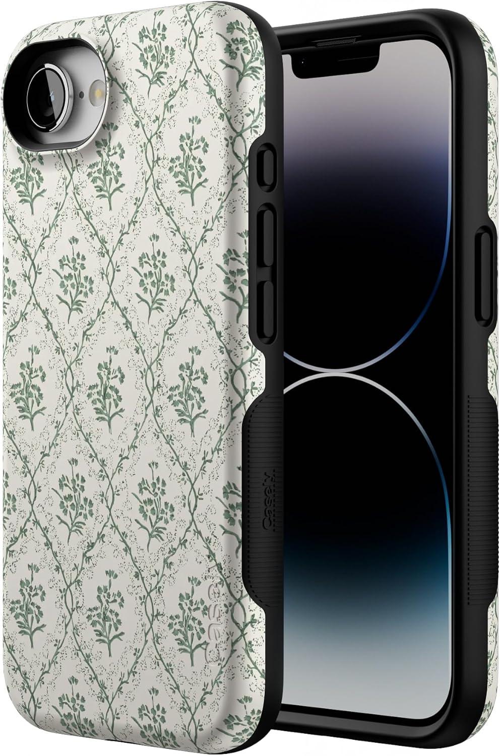 imageCasely iPhone 16e Case The Boyfriend Collection Army Green Bold Protective Design MagSafe Compatible DesignSage Tapestry Floral Vines