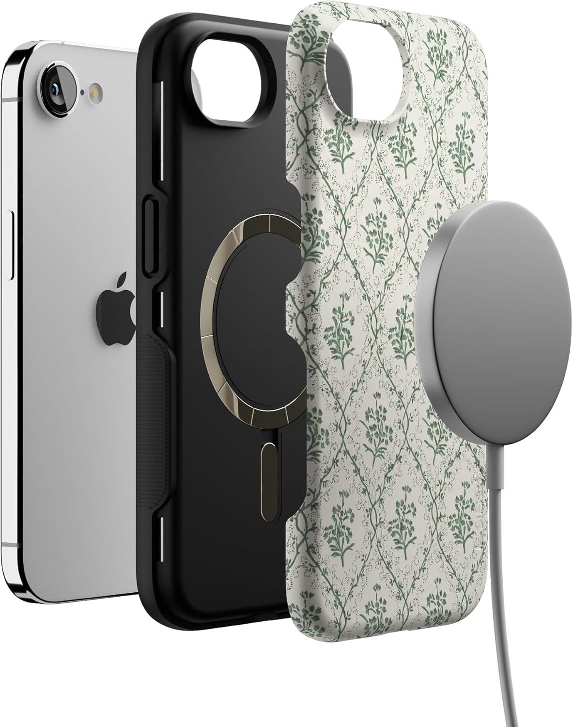 imageCasely iPhone 16e Case The Boyfriend Collection Army Green Bold Protective Design MagSafe Compatible DesignSage Tapestry Floral Vines