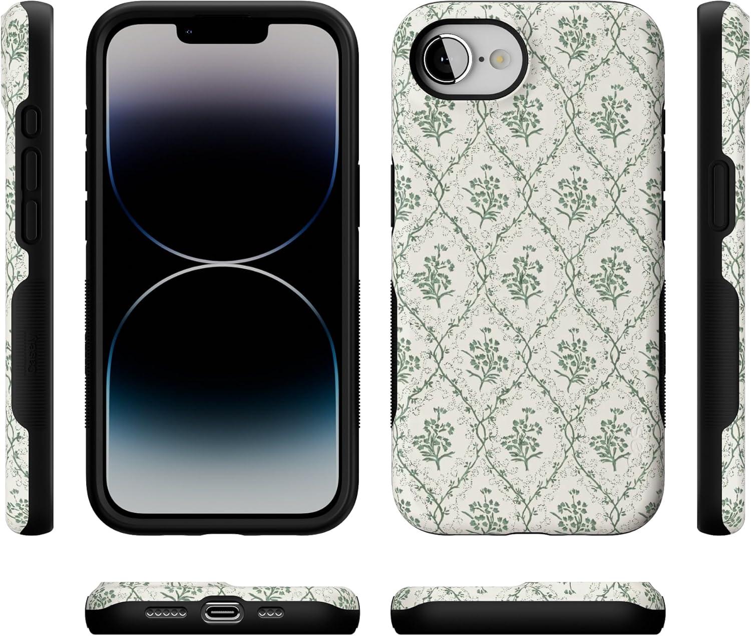 imageCasely iPhone 16e Case The Boyfriend Collection Army Green Bold Protective Design MagSafe Compatible DesignSage Tapestry Floral Vines
