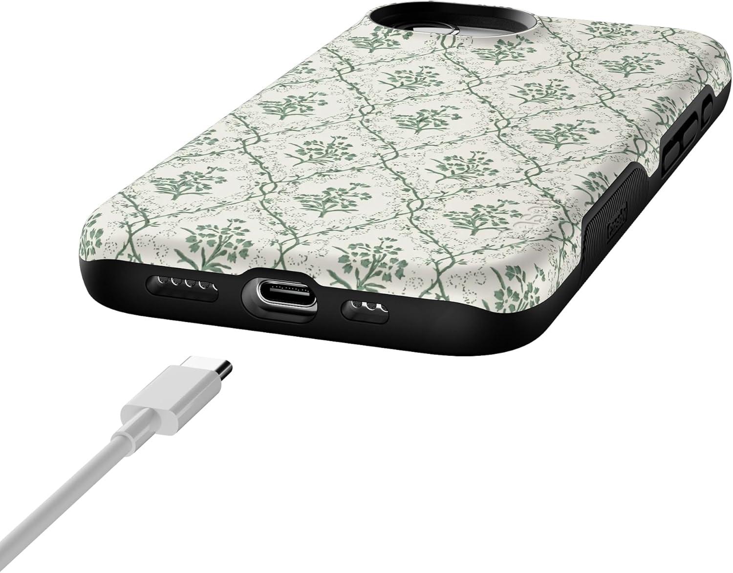 imageCasely iPhone 16e Case The Boyfriend Collection Army Green Bold Protective Design MagSafe Compatible DesignSage Tapestry Floral Vines