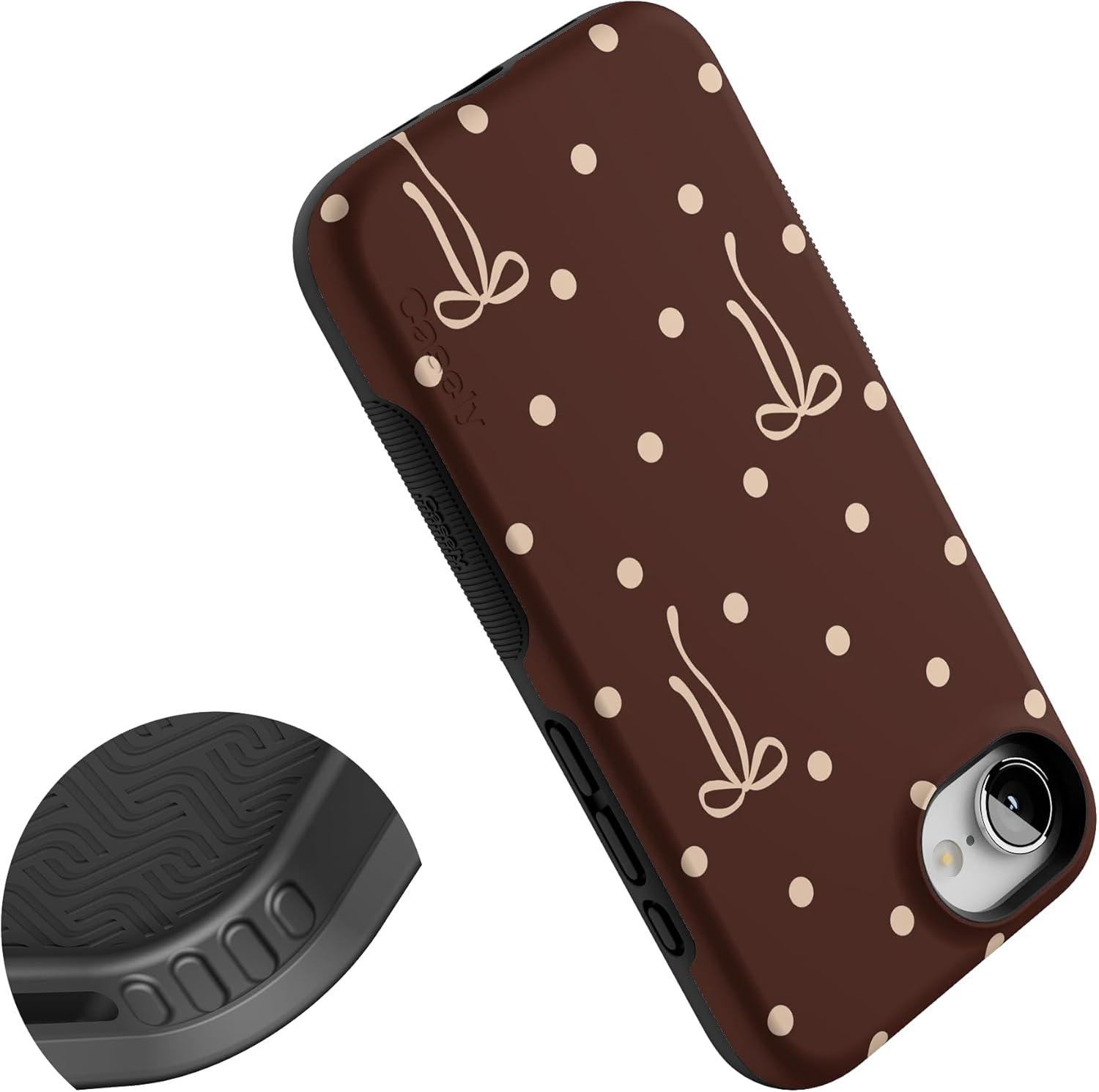 imageCasely iPhone 16e Case The Boyfriend Collection Army Green Bold Protective Design MagSafe Compatible DesignTeddy Bows Brown Polka Dot