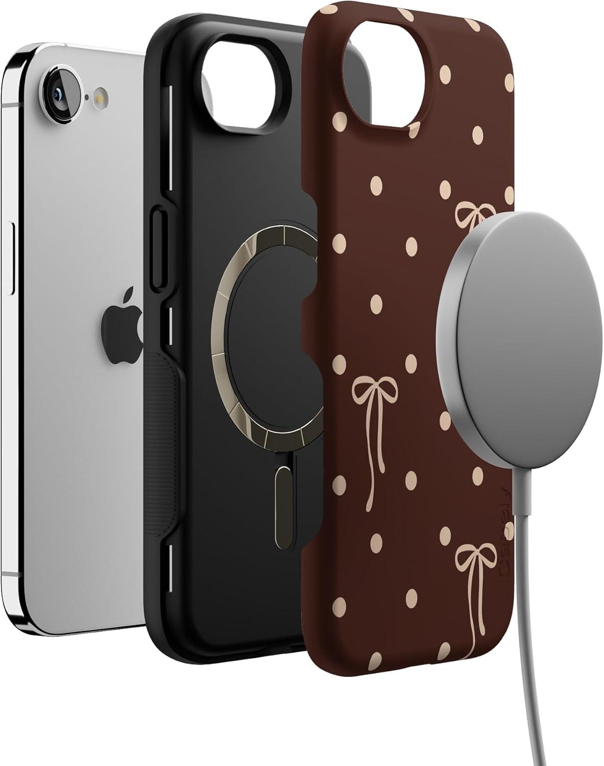 imageCasely iPhone 16e Case The Boyfriend Collection Army Green Bold Protective Design MagSafe Compatible DesignTeddy Bows Brown Polka Dot