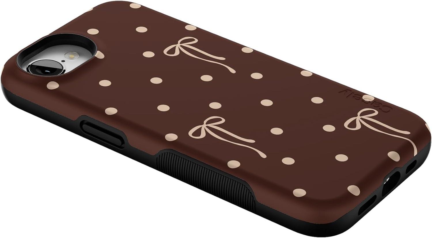 imageCasely iPhone 16e Case The Boyfriend Collection Army Green Bold Protective Design MagSafe Compatible DesignTeddy Bows Brown Polka Dot