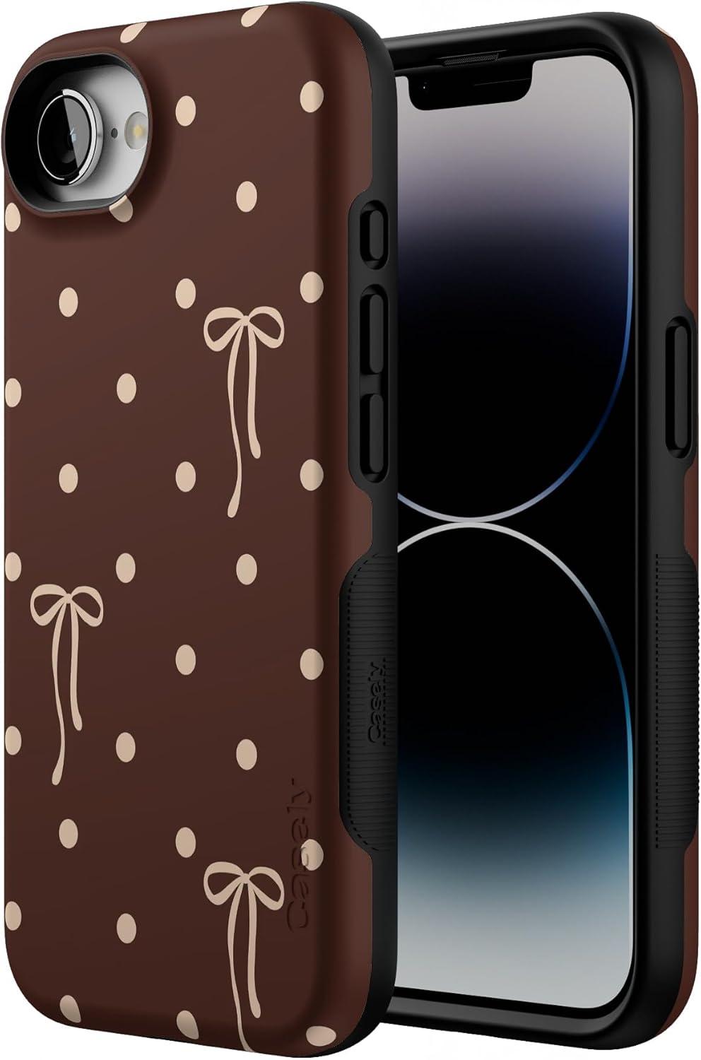 imageCasely iPhone 16e Case The Boyfriend Collection Army Green Bold Protective Design MagSafe Compatible DesignTeddy Bows Brown Polka Dot