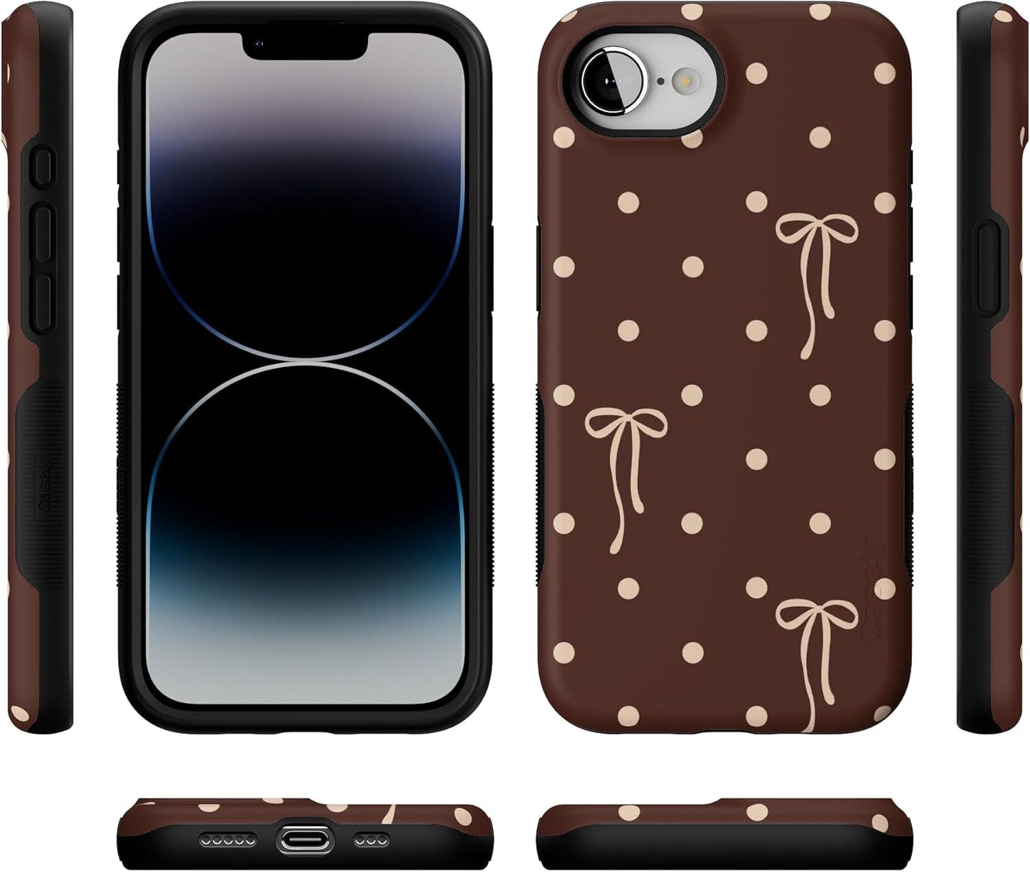 imageCasely iPhone 16e Case The Boyfriend Collection Army Green Bold Protective Design MagSafe Compatible DesignTeddy Bows Brown Polka Dot