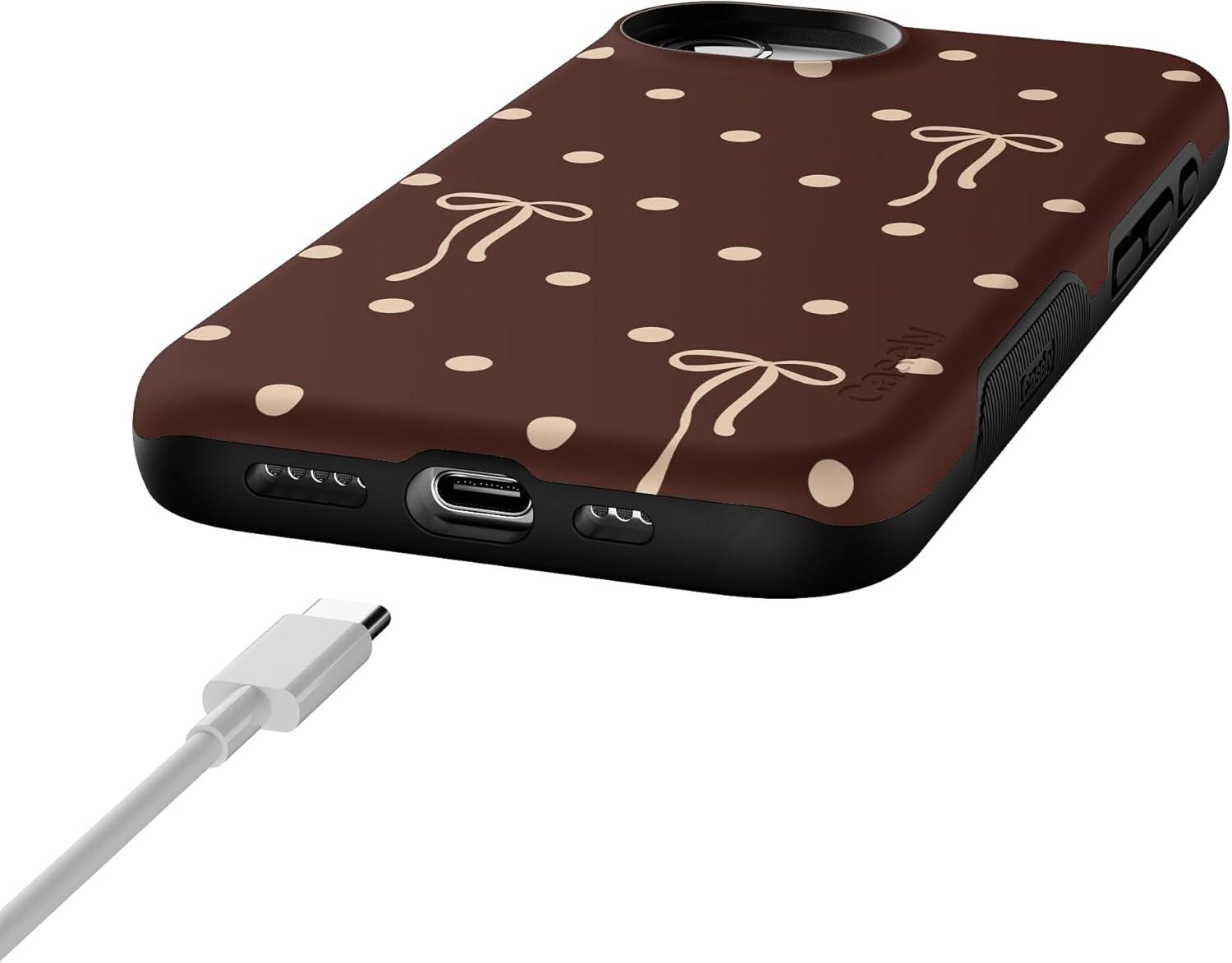 imageCasely iPhone 16e Case The Boyfriend Collection Army Green Bold Protective Design MagSafe Compatible DesignTeddy Bows Brown Polka Dot