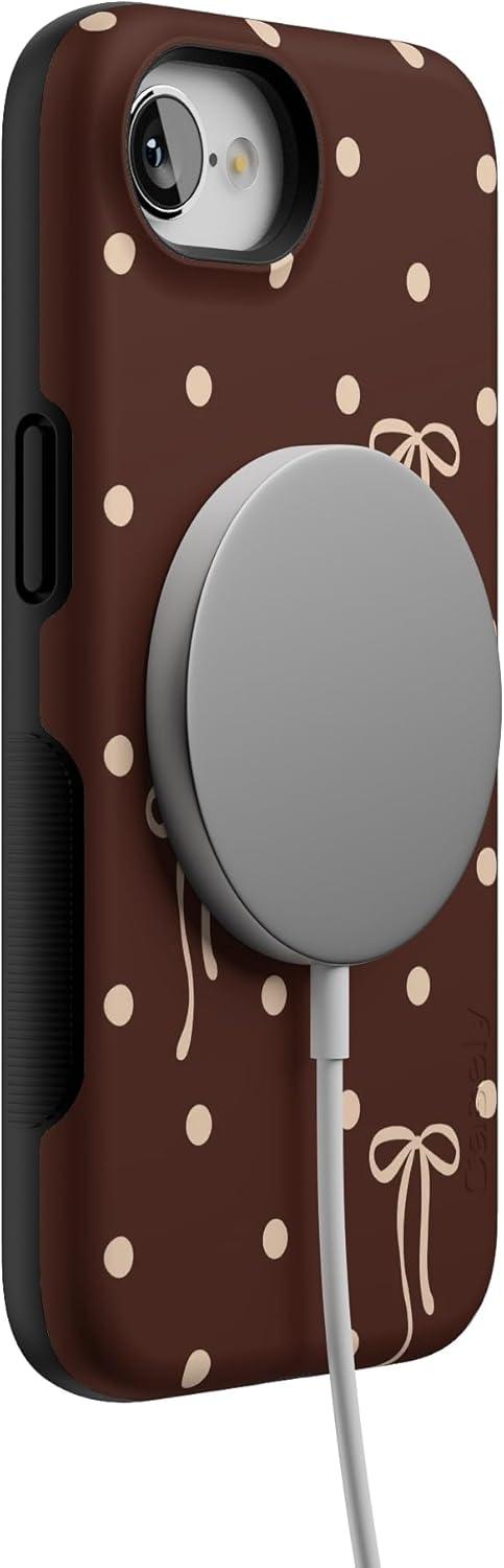 imageCasely iPhone 16e Case The Boyfriend Collection Army Green Bold Protective Design MagSafe Compatible DesignTeddy Bows Brown Polka Dot