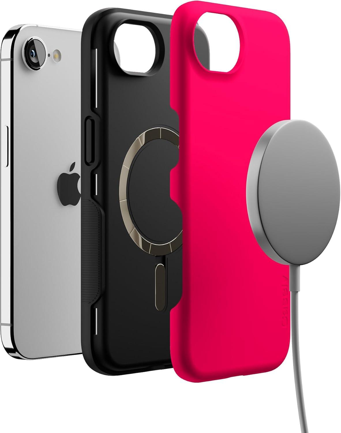 imageCasely iPhone 16e Case The Boyfriend Collection Army Green Bold Protective Design MagSafe Compatible DesignThink Pink Solid Neon Pink