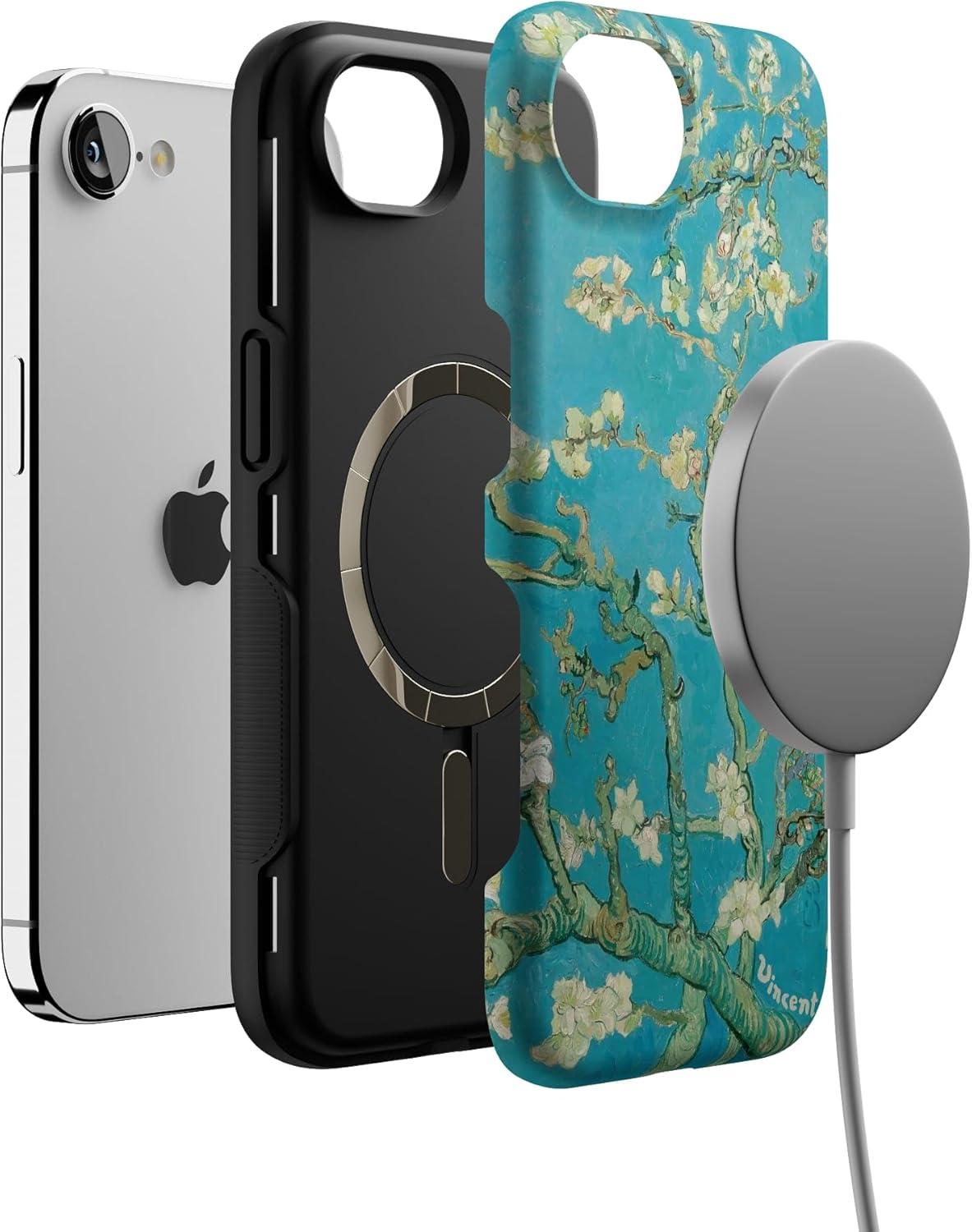 imageCasely iPhone 16e Case The Boyfriend Collection Army Green Bold Protective Design MagSafe Compatible DesignVan Gogh Almond Blossom Floral