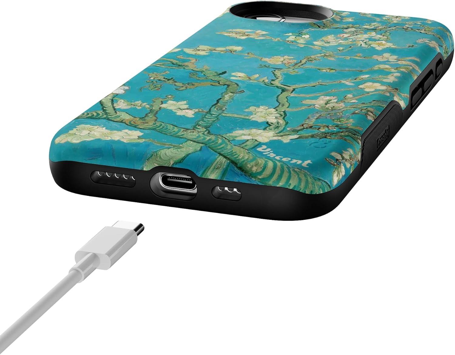 imageCasely iPhone 16e Case The Boyfriend Collection Army Green Bold Protective Design MagSafe Compatible DesignVan Gogh Almond Blossom Floral