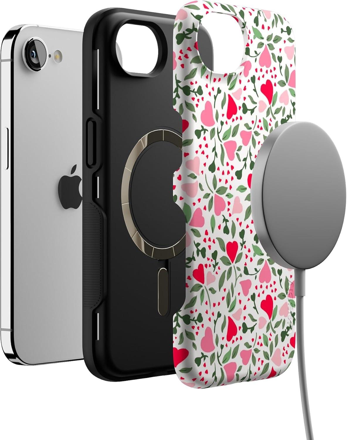imageCasely iPhone 16e Case The Boyfriend Collection Army Green Bold Protective Design MagSafe Compatible DesignVines of Love Floral Heart