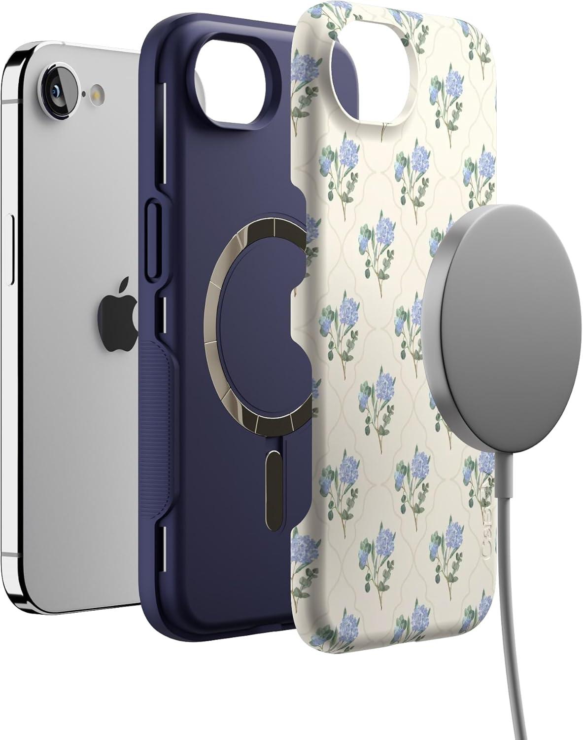 imageCasely iPhone 16e Case The Boyfriend Collection Army Green Bold Protective Design MagSafe Compatible DesignVintage Garden Blue Hydrangea